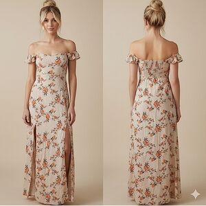 Floral Off The Shoulder Butterfly Sleeve Maxi Dress with Slits- New